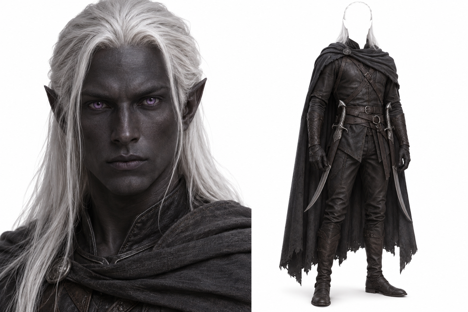 Referencia visual de Drizzt: pelo blanco, piel oscura y ojos lila