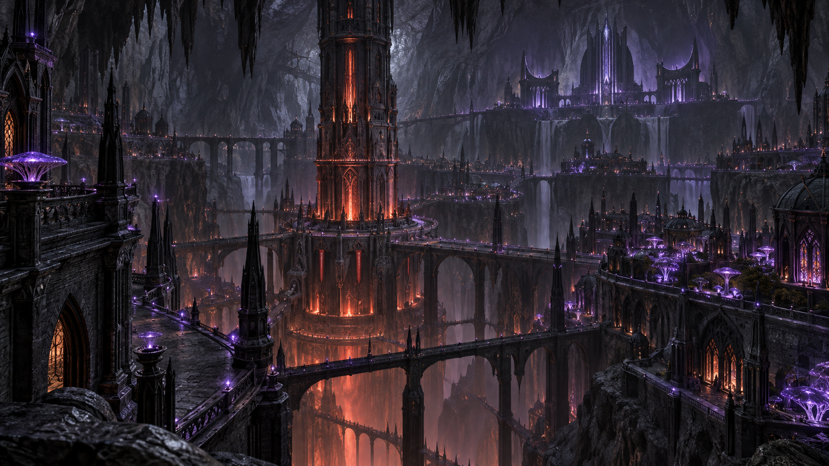 Torres y puentes de Menzoberranzan dentro de una inmensa caverna, entre luces violetas y fuego