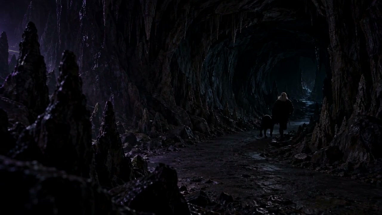 Drizzt y Guenhwyvar se alejan juntos por un túnel de las profundidades